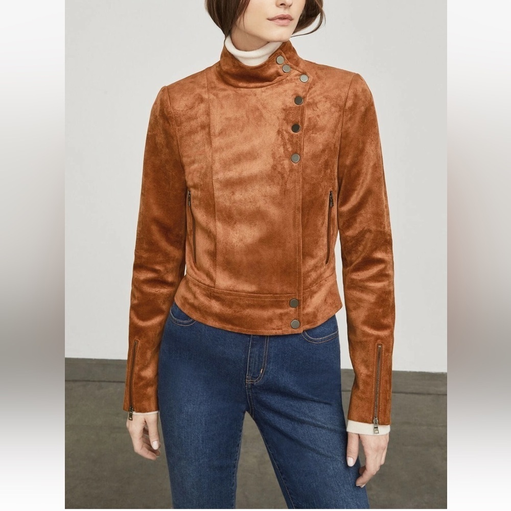 BCBGMAXAZRIA HANSEN COGNAC FAUX MICROSUEDE SNAP MOTO JACKET